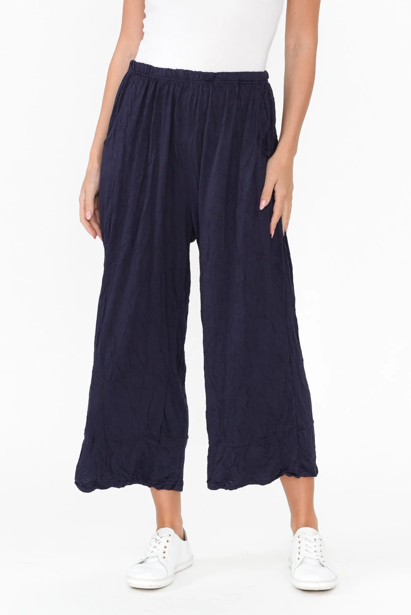 Lira Dark Navy Crinkle Cotton Wide Leg Pants