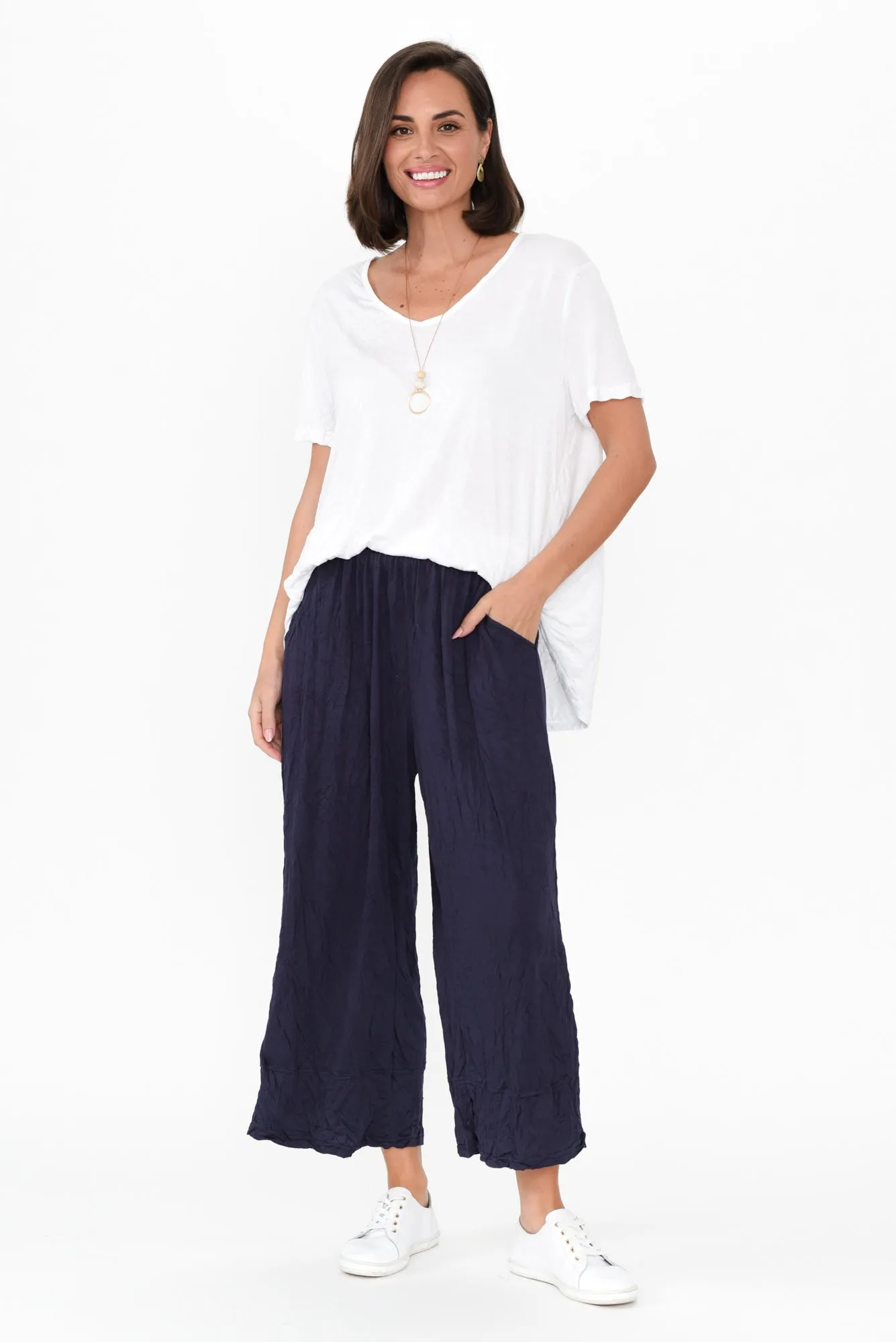 Lira Dark Navy Crinkle Cotton Wide Leg Pants