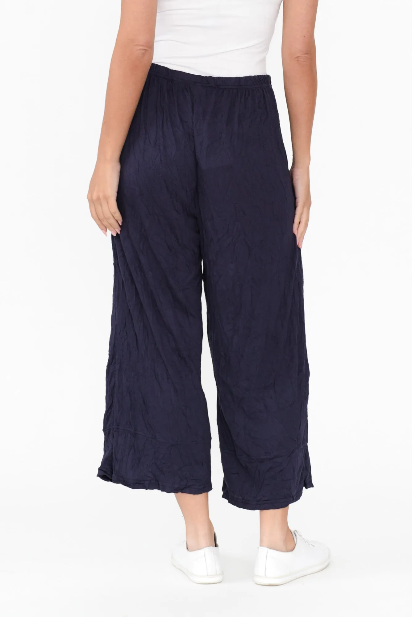 Lira Dark Navy Crinkle Cotton Wide Leg Pants