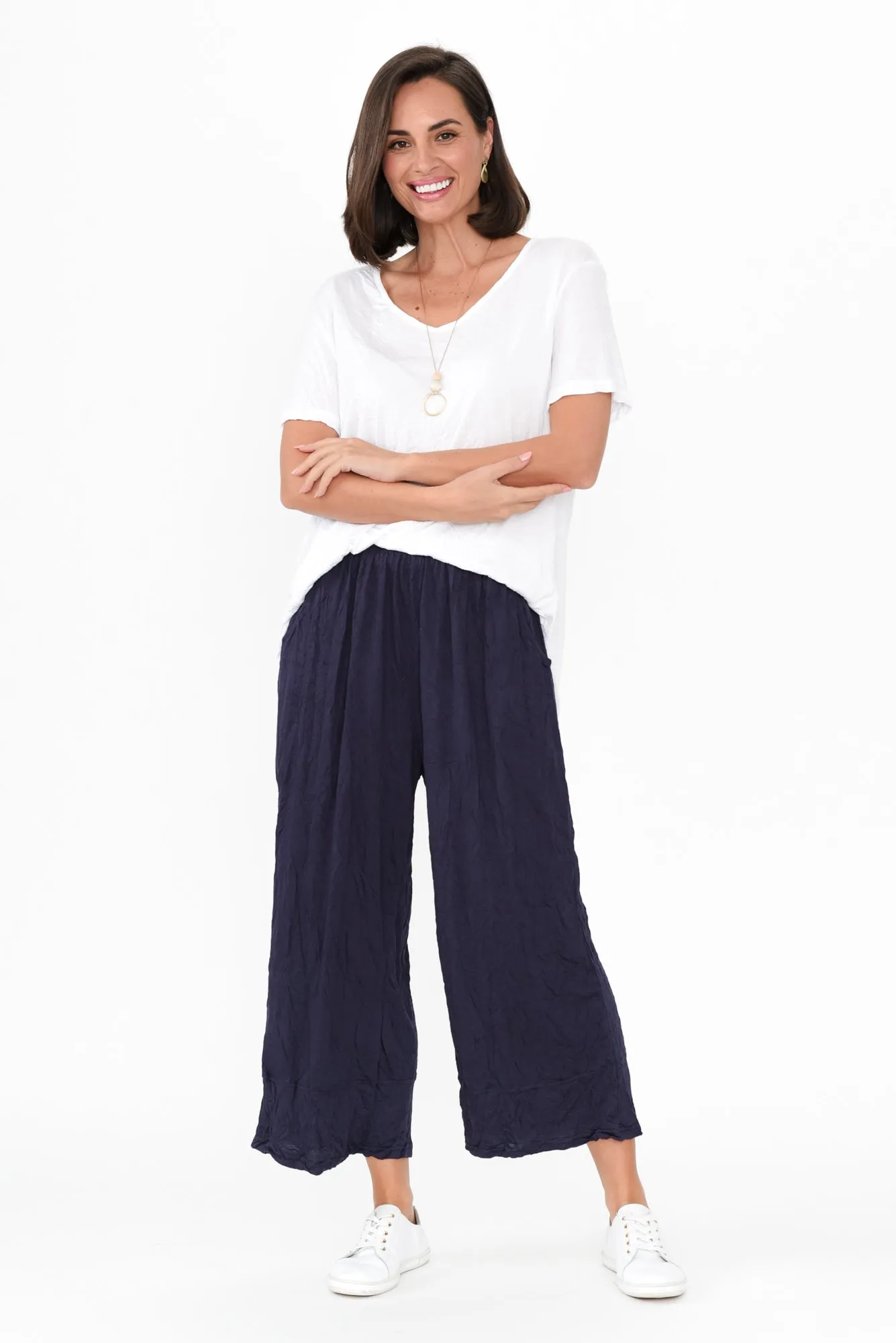 Lira Dark Navy Crinkle Cotton Wide Leg Pants