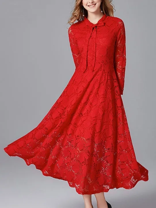 Magdalen Bow Red Lace Swing Plus Size Occasion Long Sleeve Midi Dress