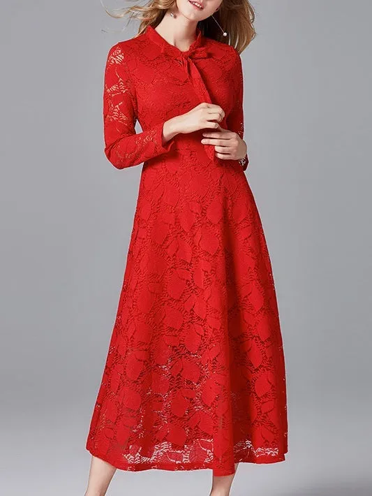 Magdalen Bow Red Lace Swing Plus Size Occasion Long Sleeve Midi Dress