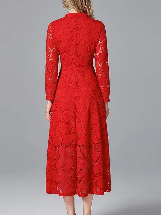 Magdalen Bow Red Lace Swing Plus Size Occasion Long Sleeve Midi Dress