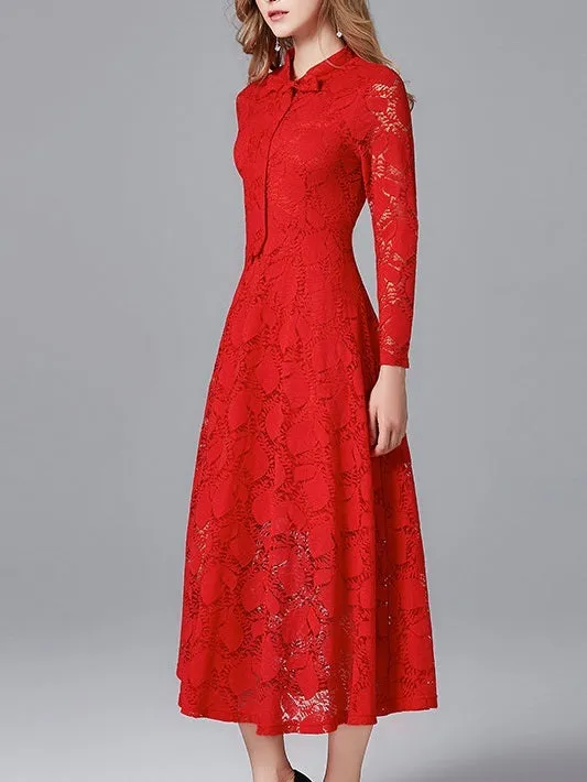 Magdalen Bow Red Lace Swing Plus Size Occasion Long Sleeve Midi Dress