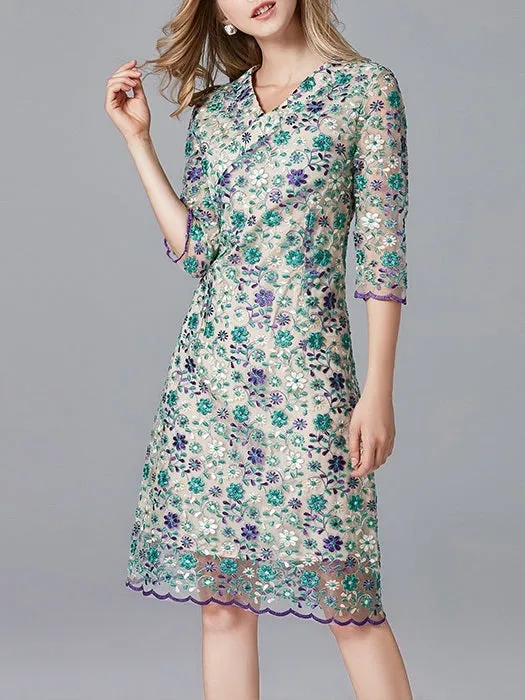 Magdalena Purple Green Wrap Embroidery Dress