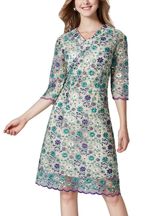 Magdalena Purple Green Wrap Embroidery Dress