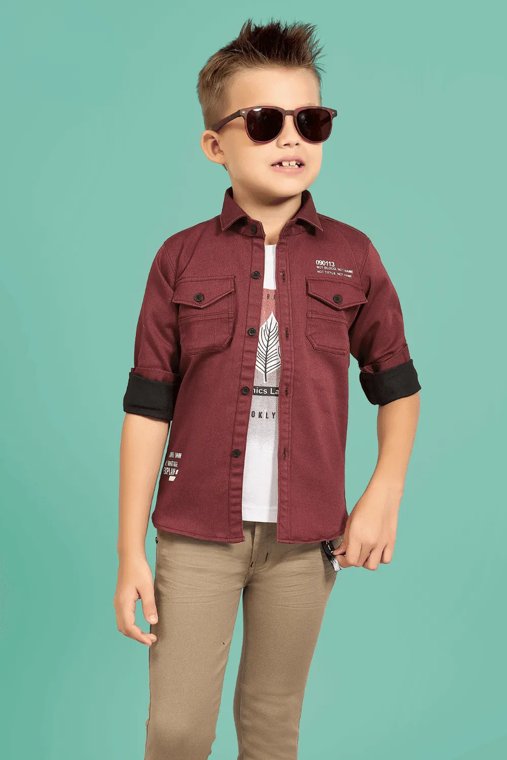 Maroon Blazer with White T-Shirt and Beige Pant Set for Boys with Belt