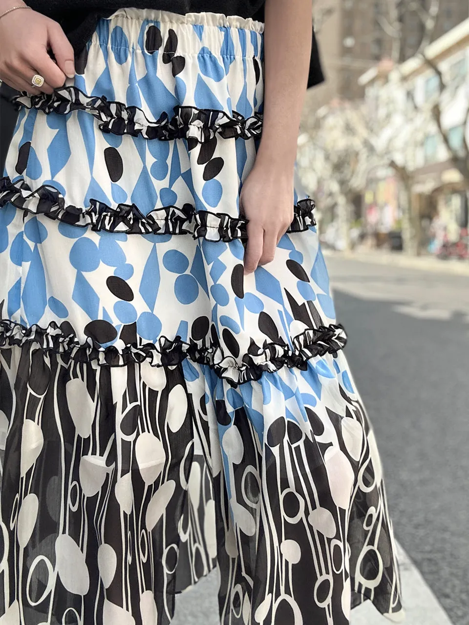 Mixed Dots Ruffle Tiers Chiffon Airy Maxi Skirt