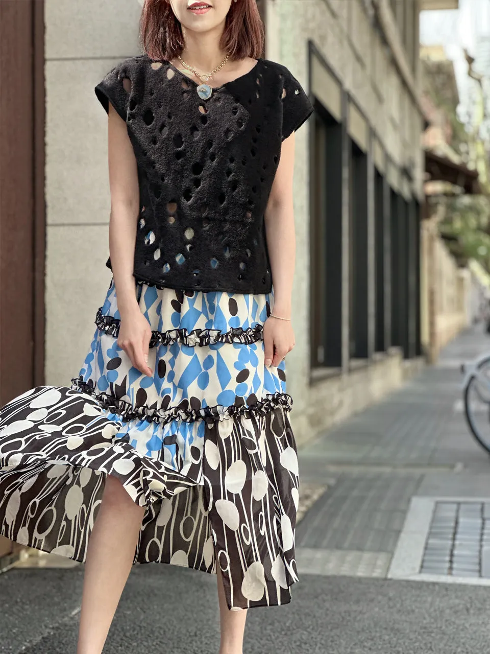 Mixed Dots Ruffle Tiers Chiffon Airy Maxi Skirt