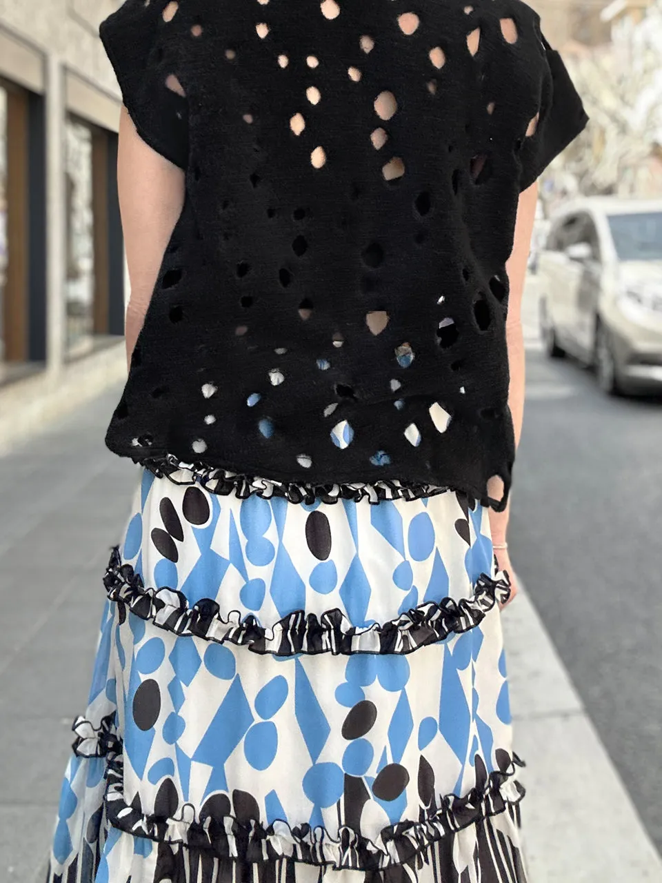 Mixed Dots Ruffle Tiers Chiffon Airy Maxi Skirt