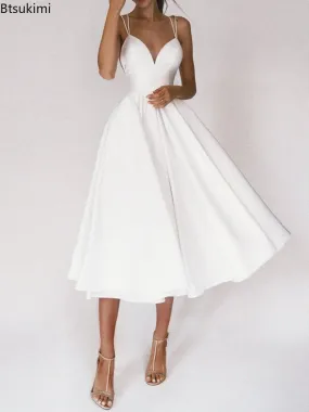 New 2024 Elegant Guest Wedding Fomral Long Party Dresses for Women Summer White Sexy Slip Backless Ball Gown Midi Dress Vestidos