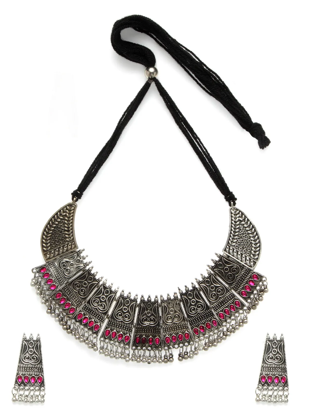 Oxidized Silver-Toned & Pink Stone Studded Jewellery Set