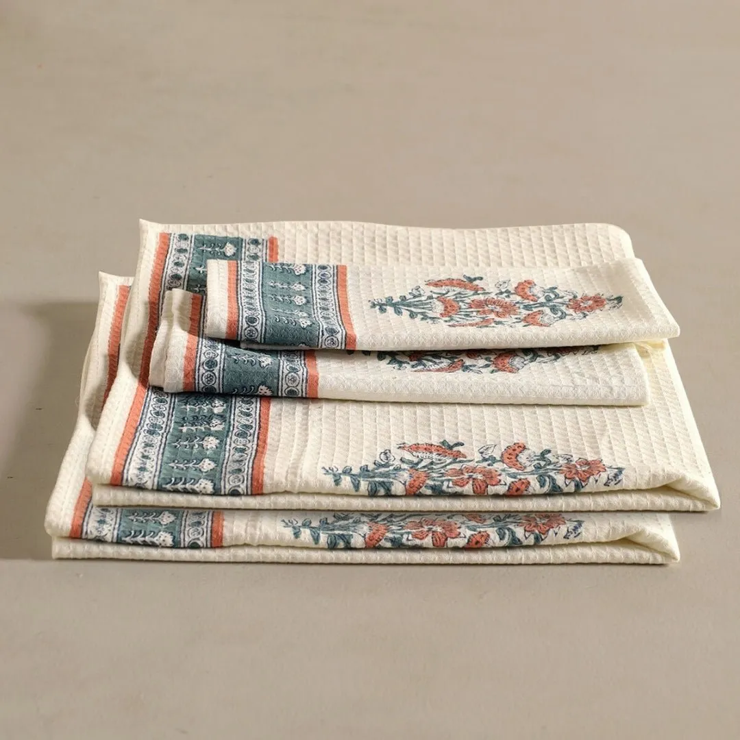 Pure Cotton Hand and Bath Towel Set | Hand Block Printed In Peach And Teal | Handmade In India