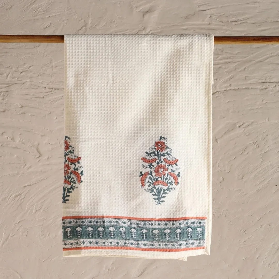 Pure Cotton Hand and Bath Towel Set | Hand Block Printed In Peach And Teal | Handmade In India