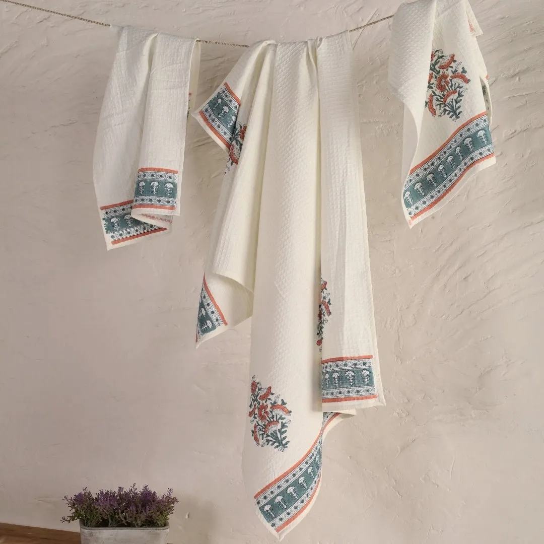 Pure Cotton Hand and Bath Towel Set | Hand Block Printed In Peach And Teal | Handmade In India