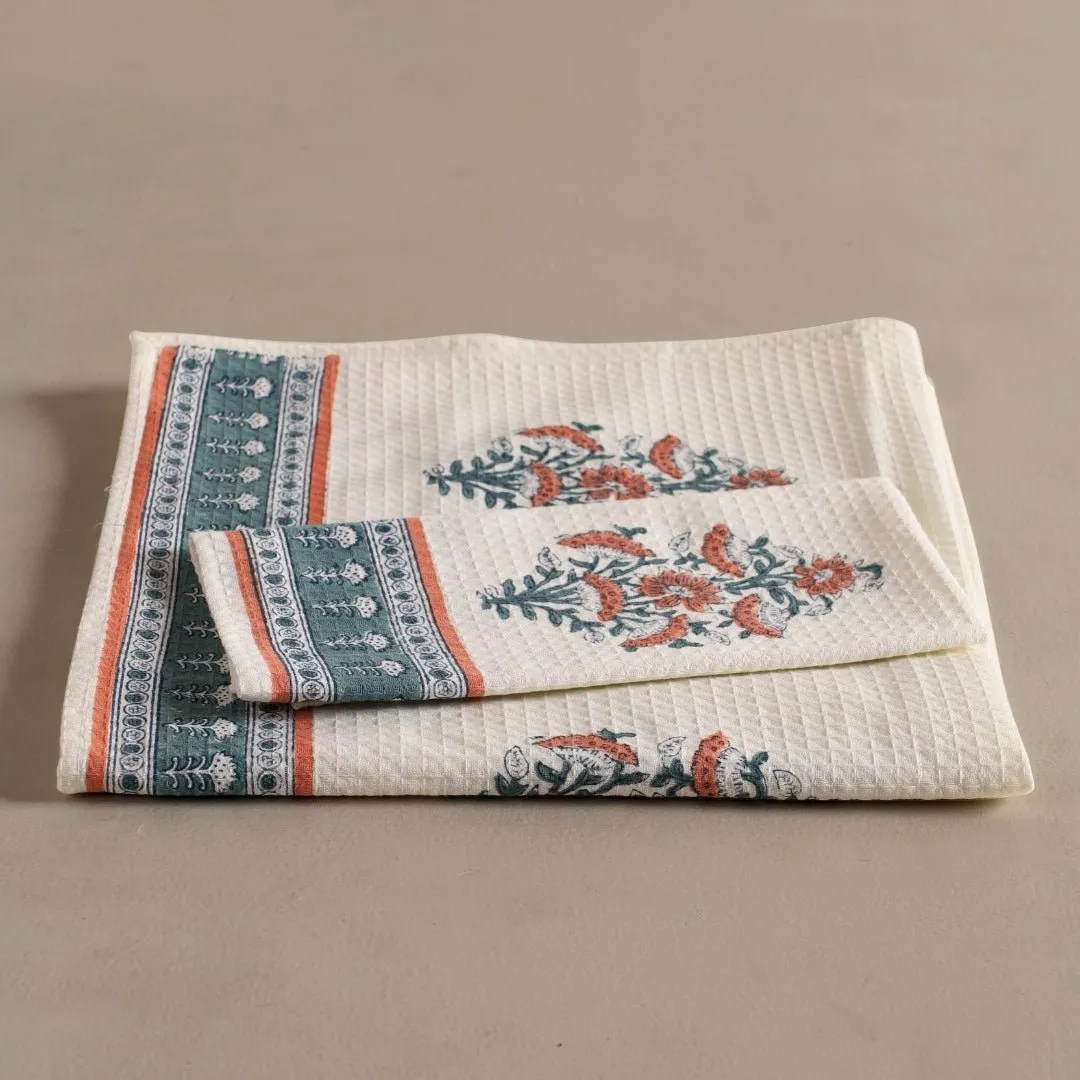 Pure Cotton Hand and Bath Towel Set | Hand Block Printed In Peach And Teal | Handmade In India