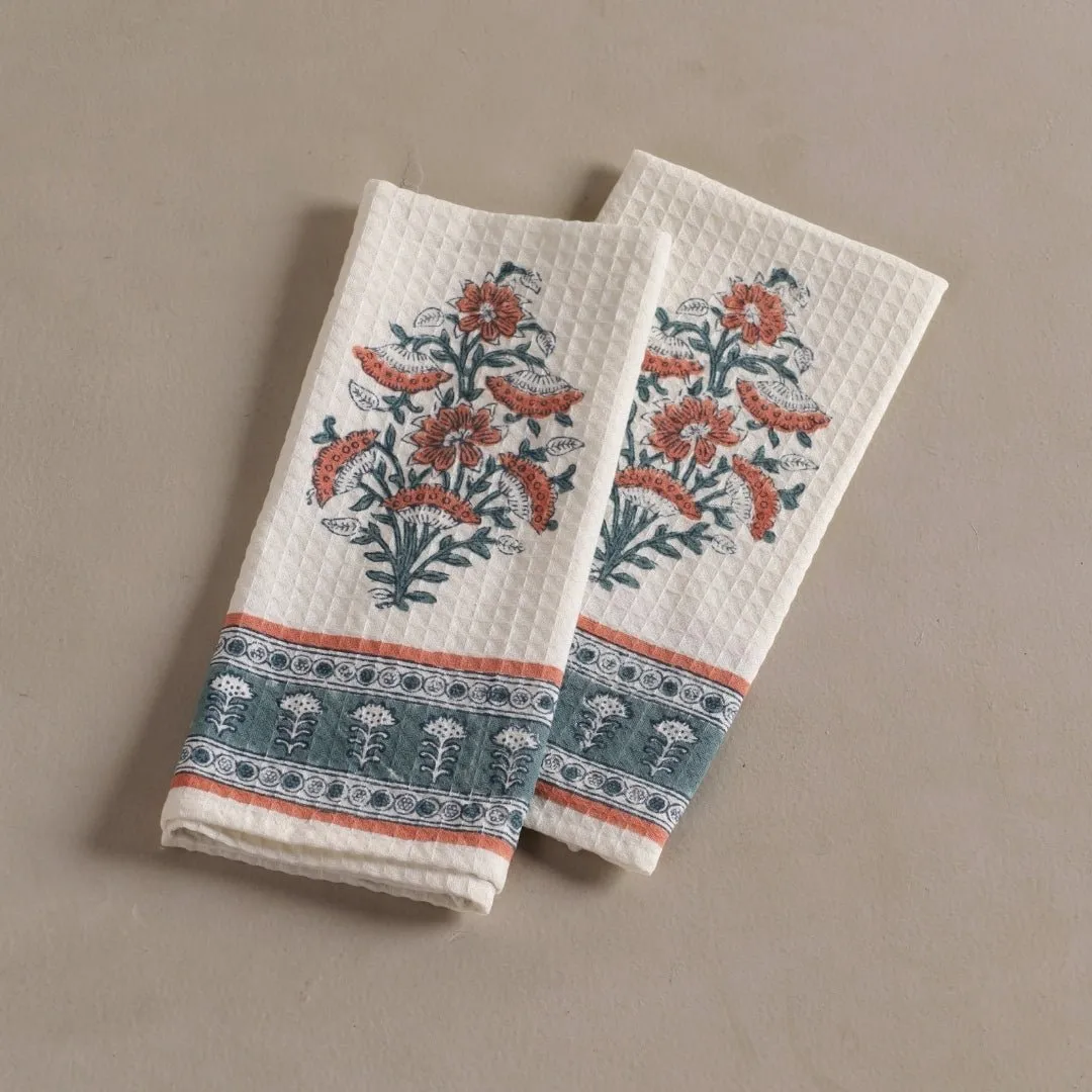 Pure Cotton Hand and Bath Towel Set | Hand Block Printed In Peach And Teal | Handmade In India