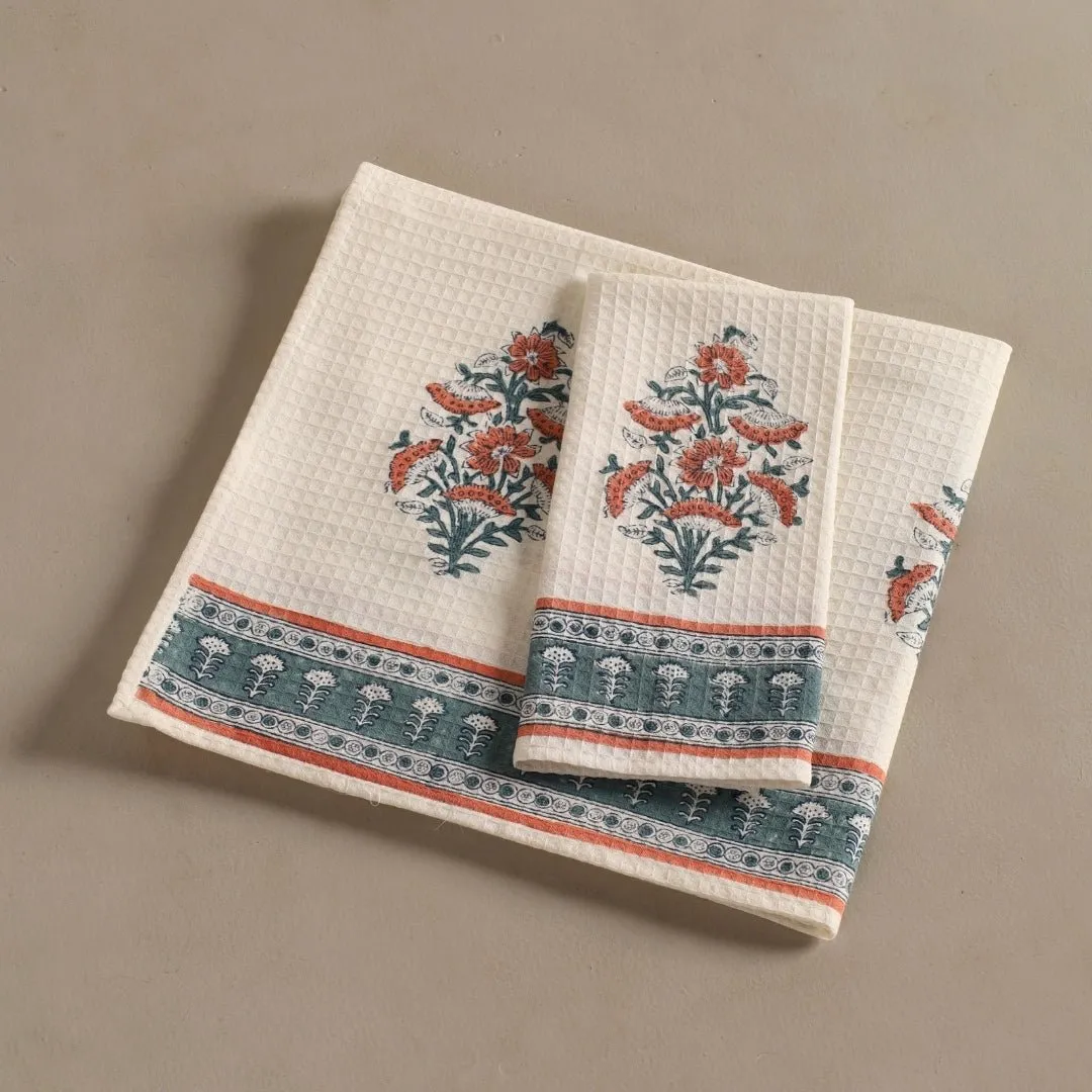 Pure Cotton Hand and Bath Towel Set | Hand Block Printed In Peach And Teal | Handmade In India