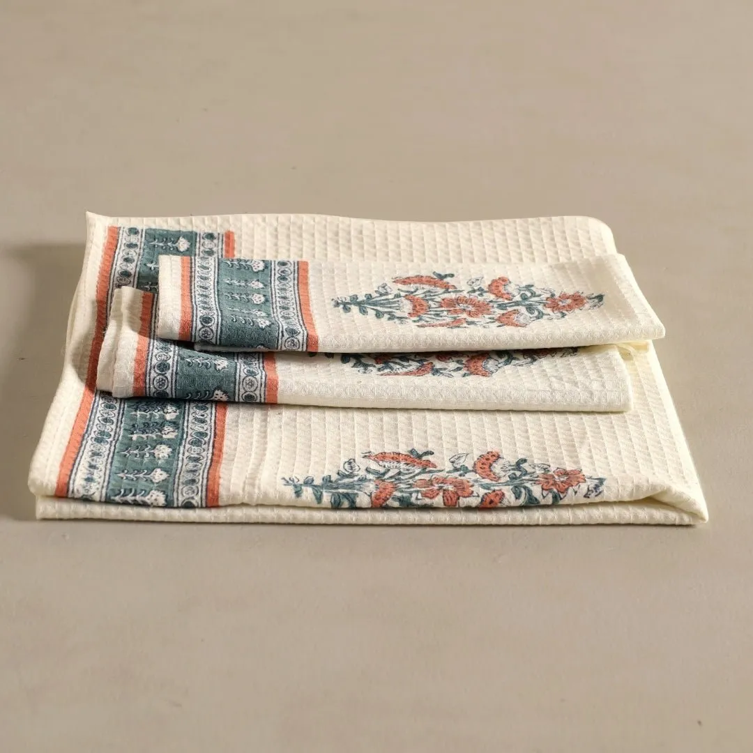 Pure Cotton Hand and Bath Towel Set | Hand Block Printed In Peach And Teal | Handmade In India