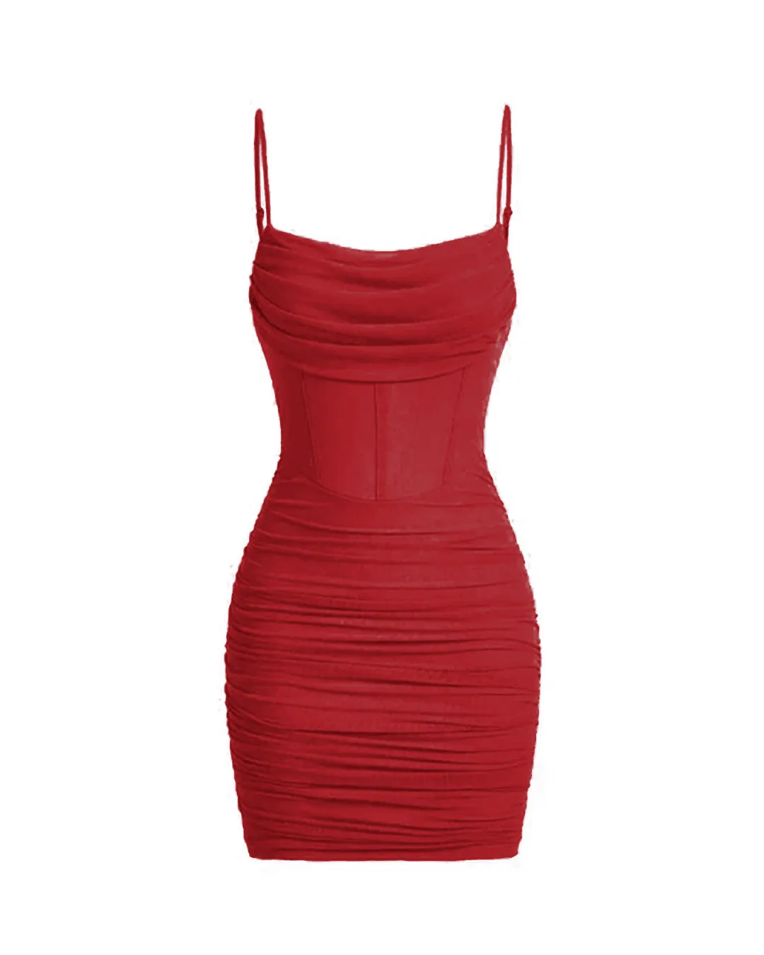 Ruched Mesh Cami Summer Short Bodycon Dress In Red