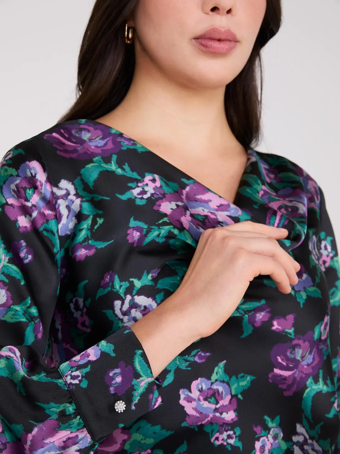 Satin Floral Print Cowl Neck Blouse