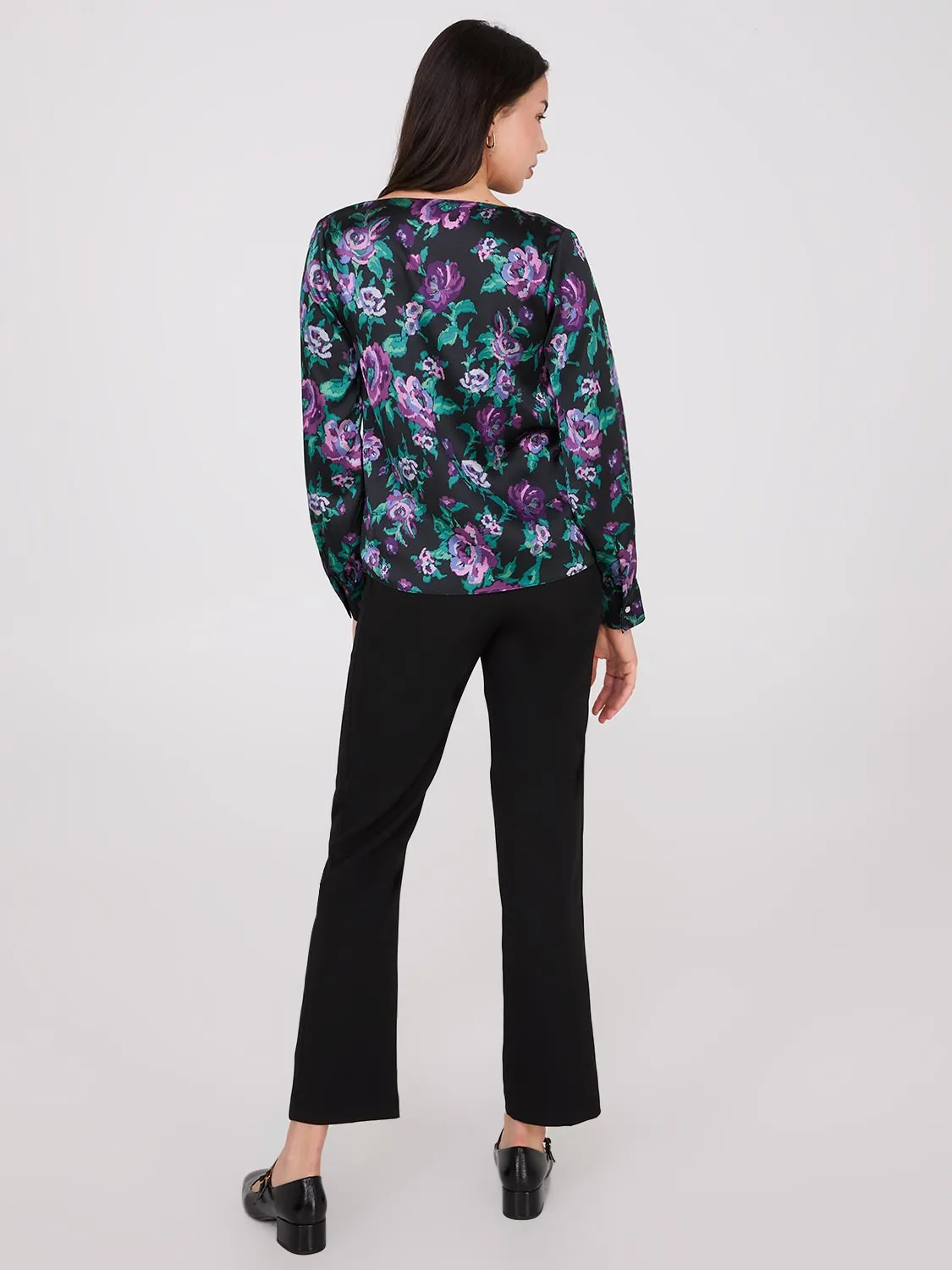 Satin Floral Print Cowl Neck Blouse