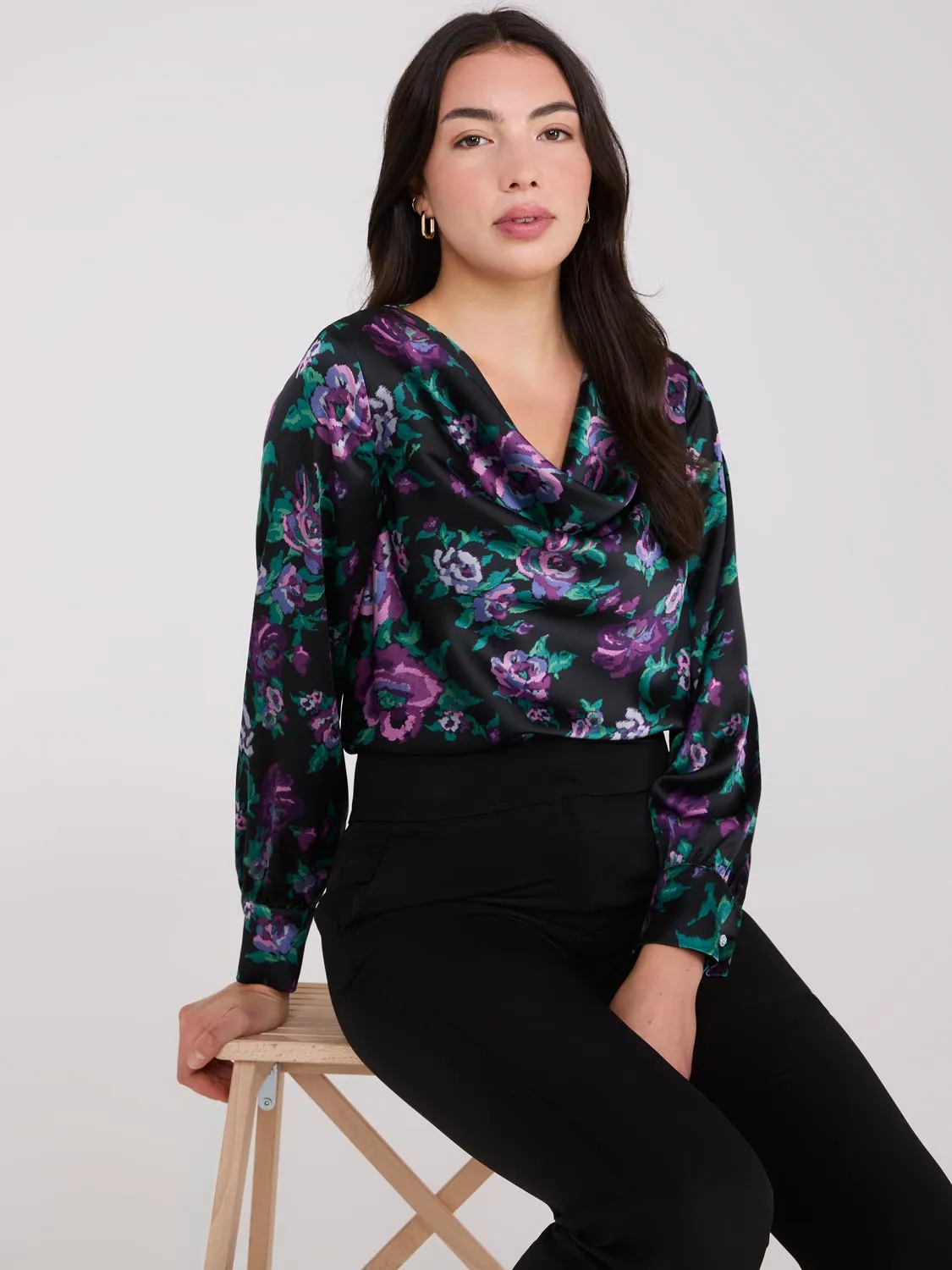 Satin Floral Print Cowl Neck Blouse