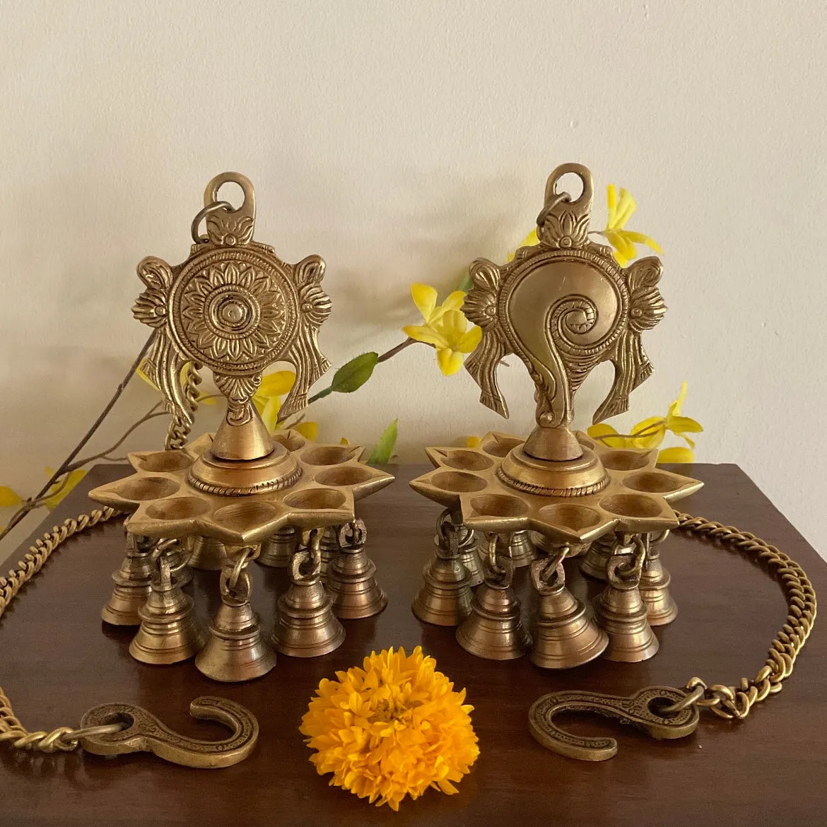 Shanku & Chakra Hanging Diya & Bell (Set is 2) - Brass Wall Hanging - Temple Decor