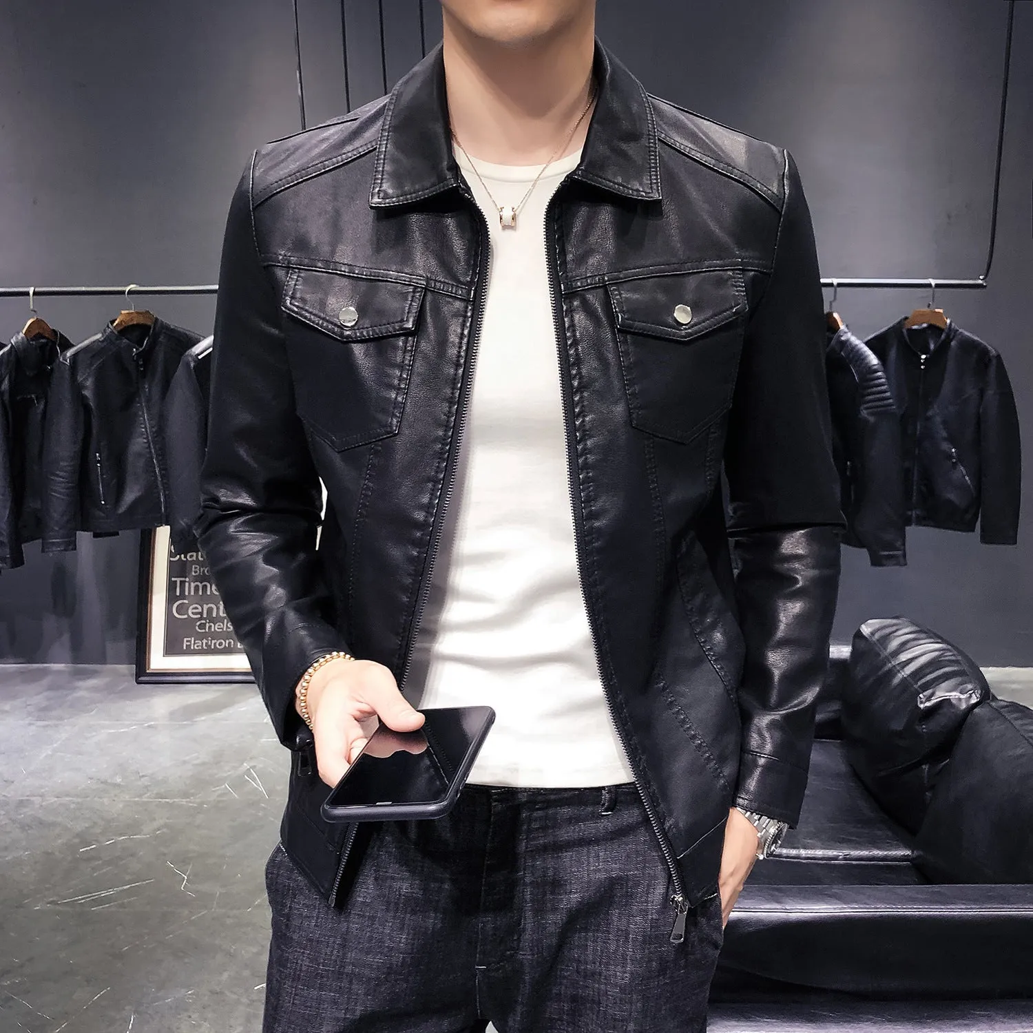 Simple Slim-fitting Lapel Motorcycle Leather Jacket Men