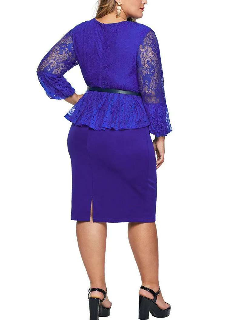 Sonya Plus Size Dinner Work Office Occasion Wedding Evening Dress Sexy Fitting Peplum Lace Bodycon Mid Sleeve Dress (Blue, Black) (EXTRA BIG SIZE)