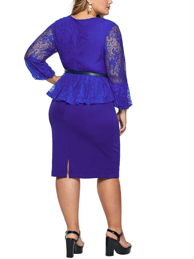 Sonya Plus Size Dinner Work Office Occasion Wedding Evening Dress Sexy Fitting Peplum Lace Bodycon Mid Sleeve Dress (Blue, Black) (EXTRA BIG SIZE)