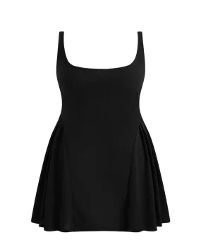 Square Neck Solid Pleated Cami Black Mini Dress Curve & Plus