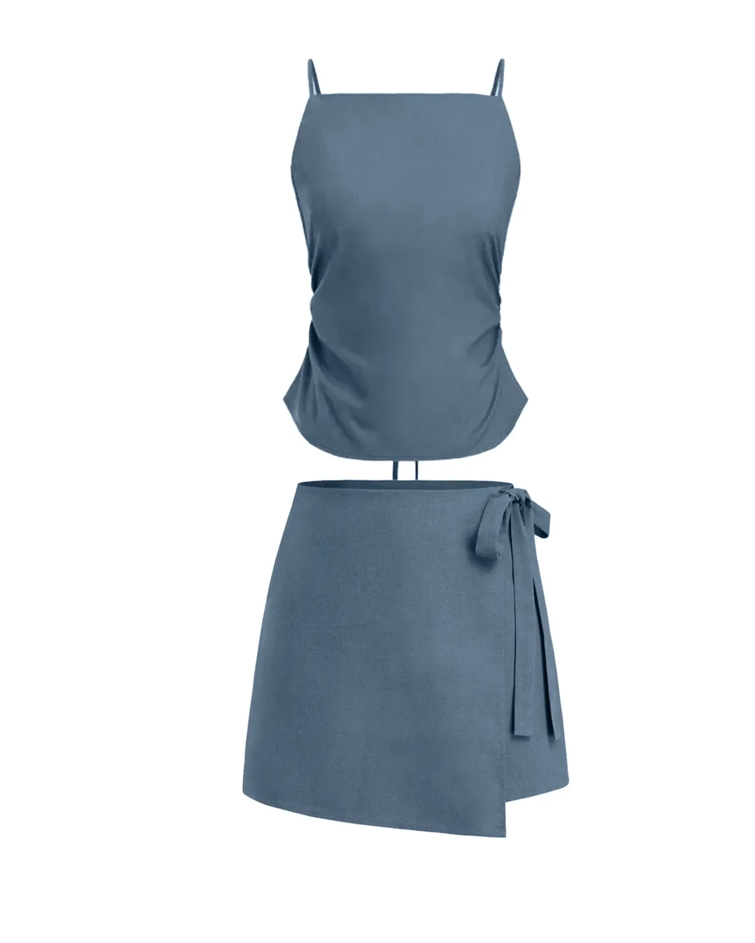 Square Neck Solid Ruched Knotted Cami Top& Mid Rise Solid Bowknot Mini Skirt In Blue