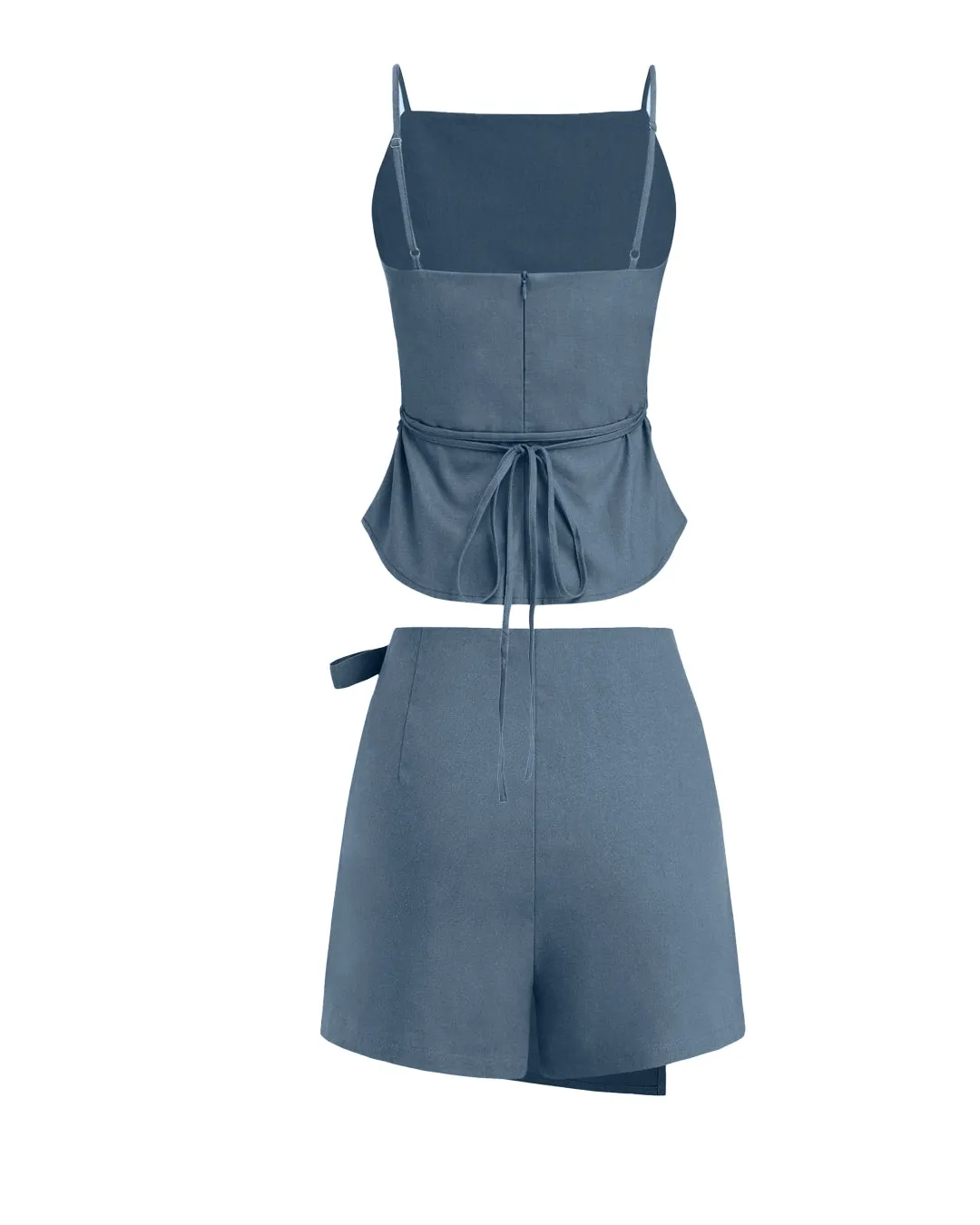 Square Neck Solid Ruched Knotted Cami Top& Mid Rise Solid Bowknot Mini Skirt In Blue