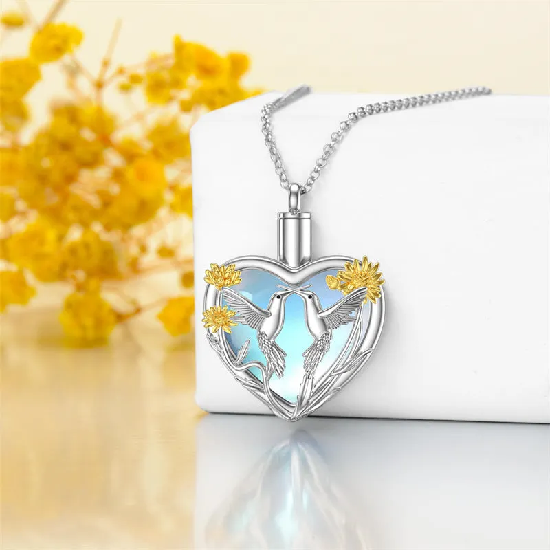 Sterling Silver Moonstone Heart Hummingbird Urn Necklace for Ashes