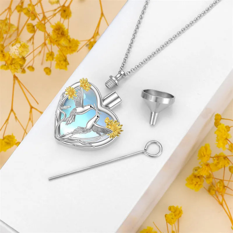 Sterling Silver Moonstone Heart Hummingbird Urn Necklace for Ashes