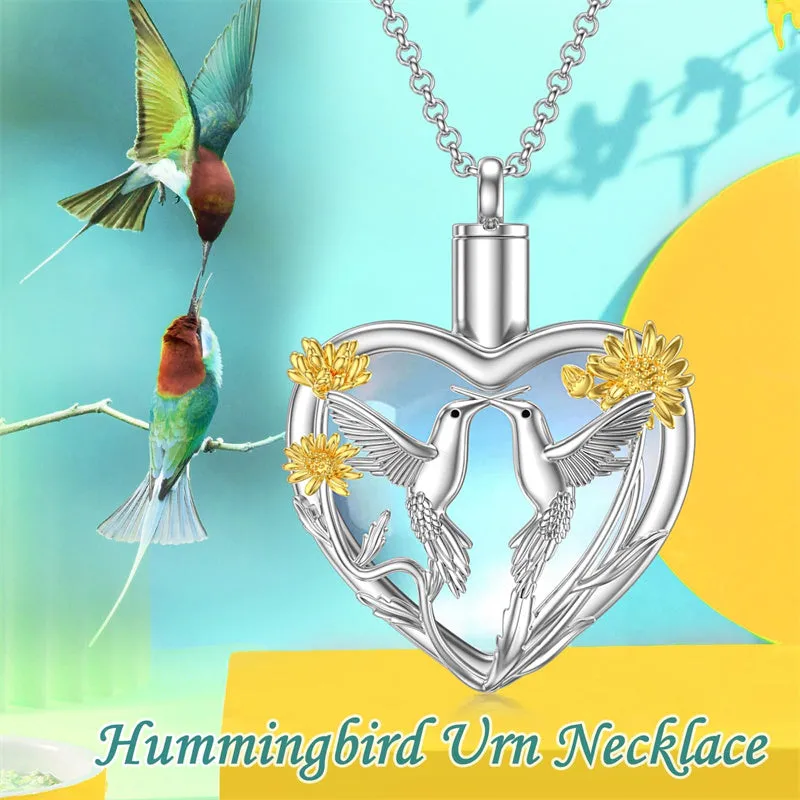 Sterling Silver Moonstone Heart Hummingbird Urn Necklace for Ashes