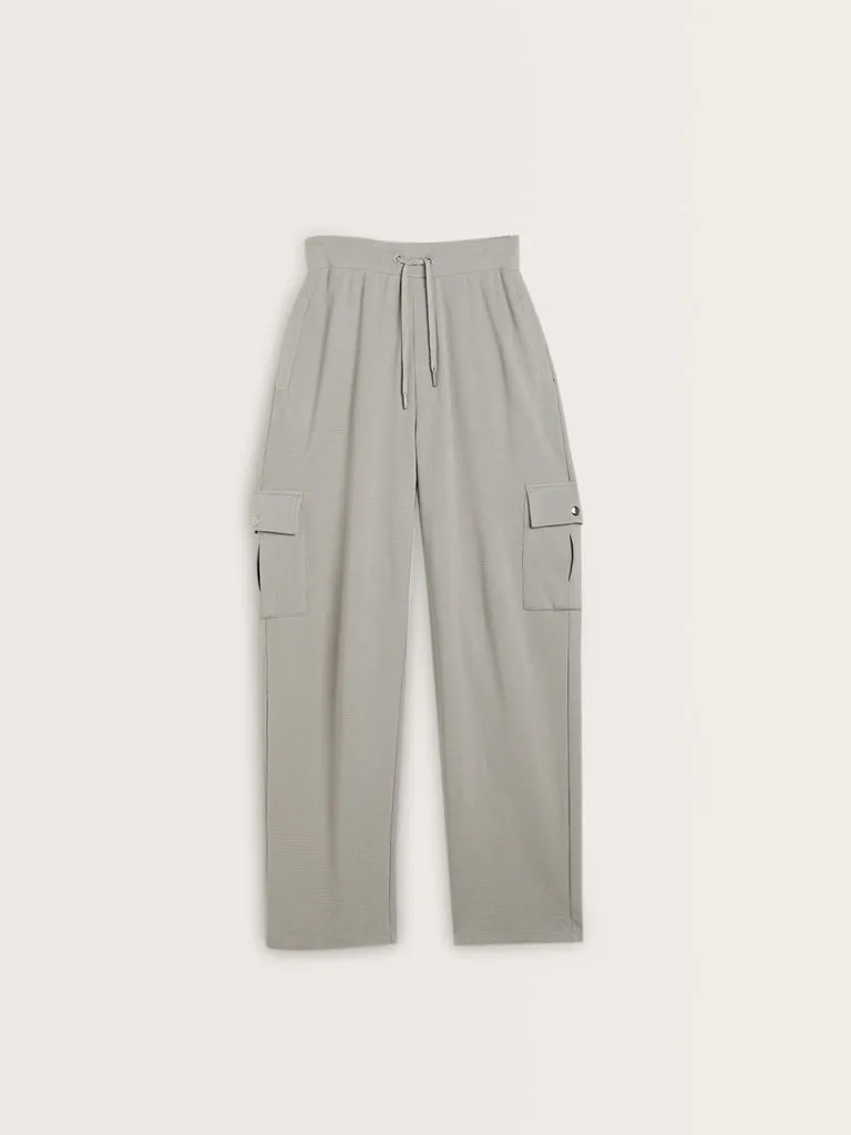 Studiofit Light Grey Textured Mid-Rise Cotton Track Pants