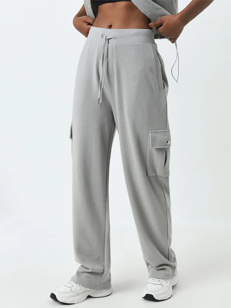 Studiofit Light Grey Textured Mid-Rise Cotton Track Pants