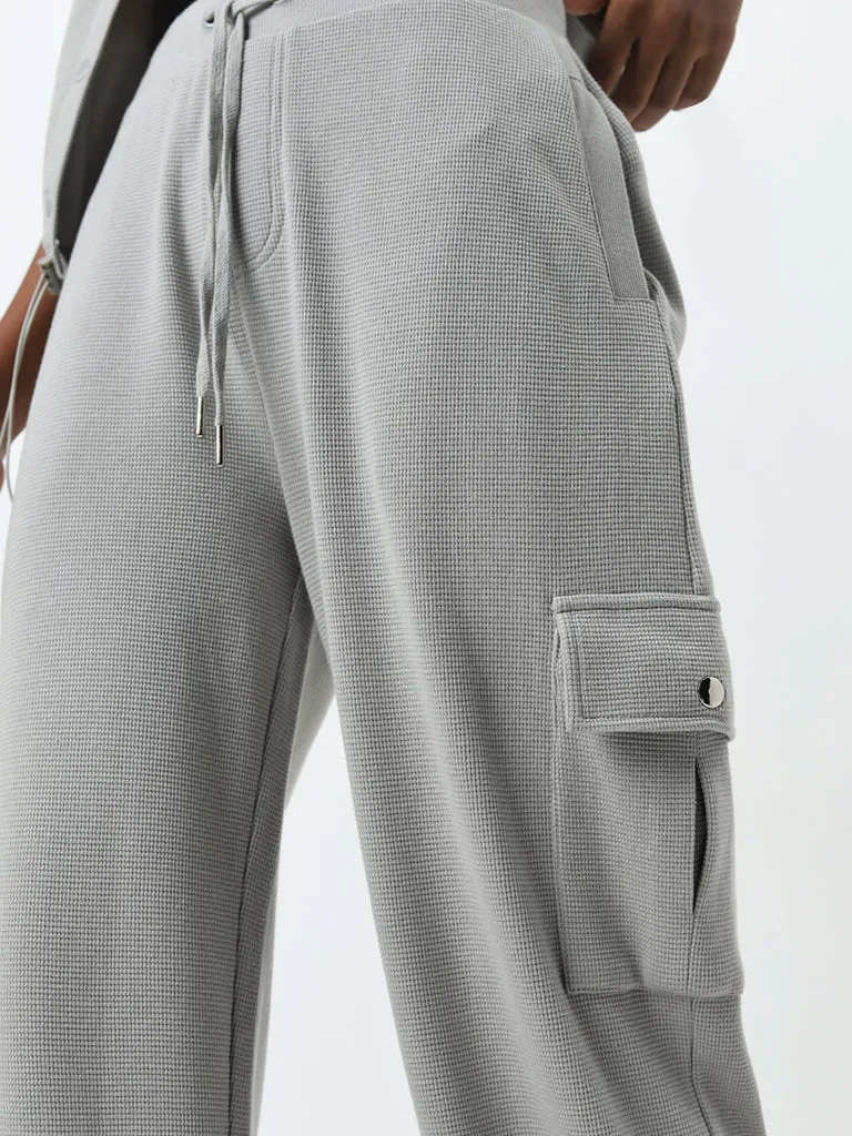 Studiofit Light Grey Textured Mid-Rise Cotton Track Pants