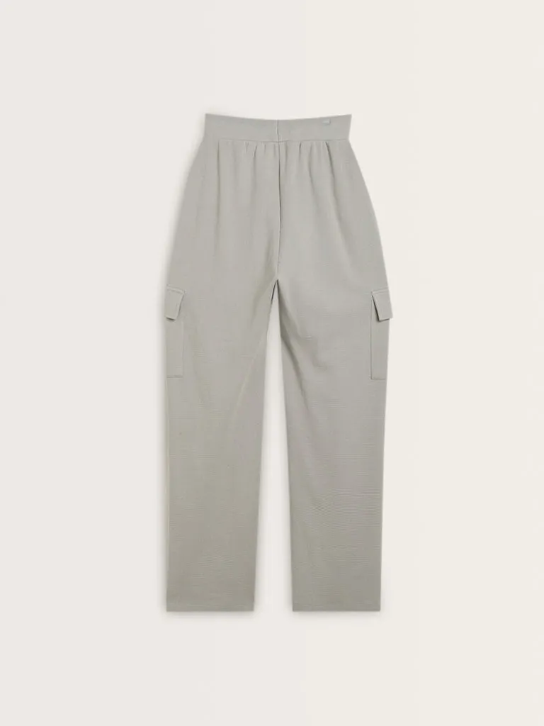 Studiofit Light Grey Textured Mid-Rise Cotton Track Pants