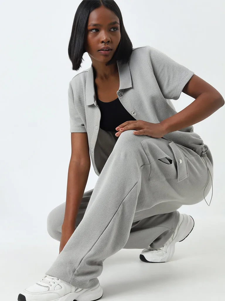 Studiofit Light Grey Textured Mid-Rise Cotton Track Pants