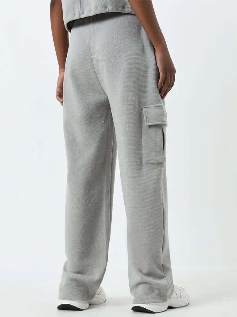 Studiofit Light Grey Textured Mid-Rise Cotton Track Pants