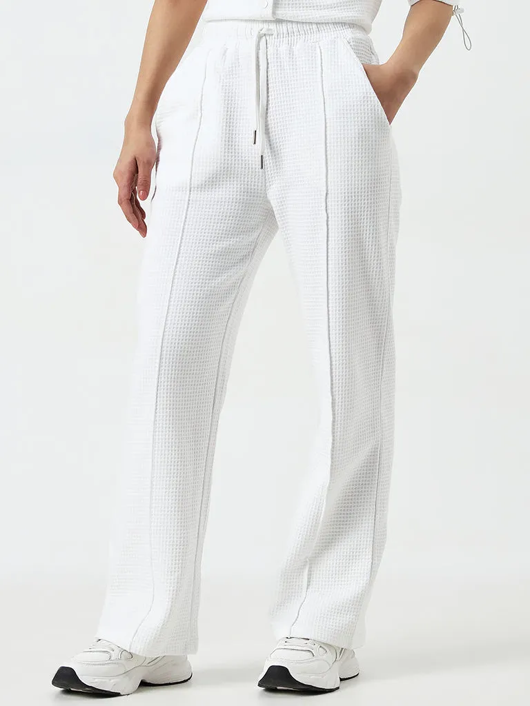 Studiofit White Waffle Texture High-Rise Cotton Track Pants