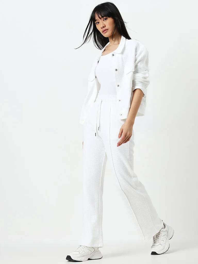 Studiofit White Waffle Texture High-Rise Cotton Track Pants