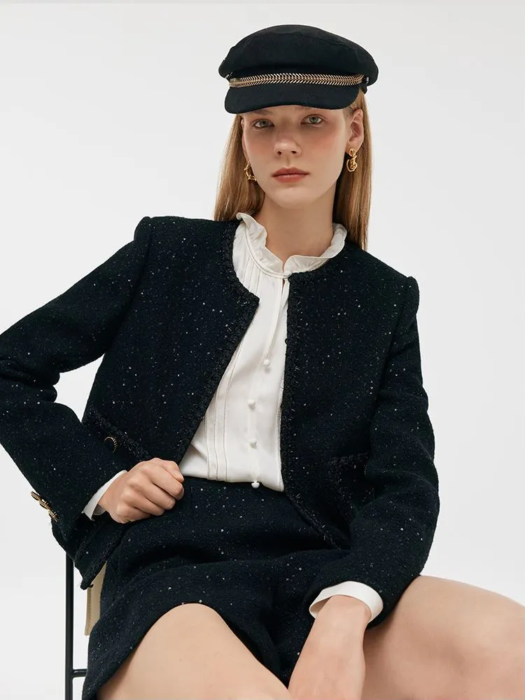 Wool Blend Tweed Sequins Women Crop Jacket