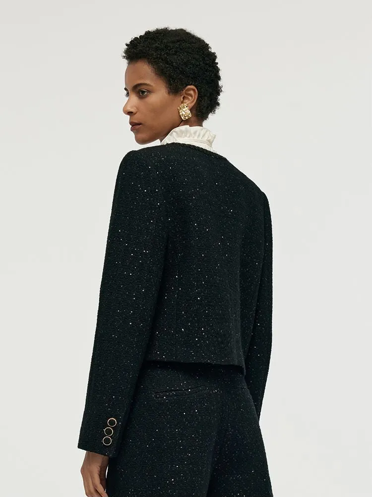 Wool Blend Tweed Sequins Women Crop Jacket