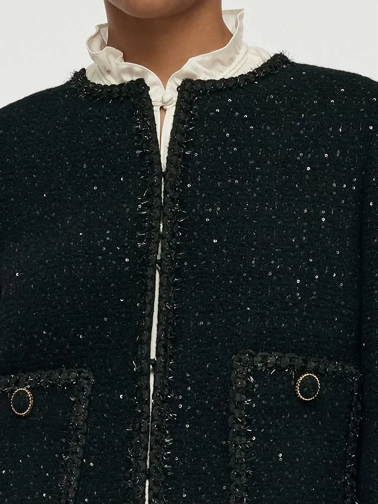 Wool Blend Tweed Sequins Women Crop Jacket