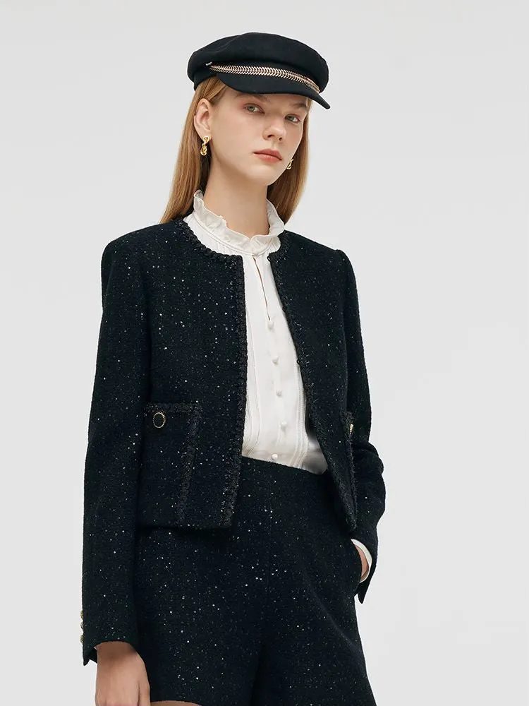 Wool Blend Tweed Sequins Women Crop Jacket