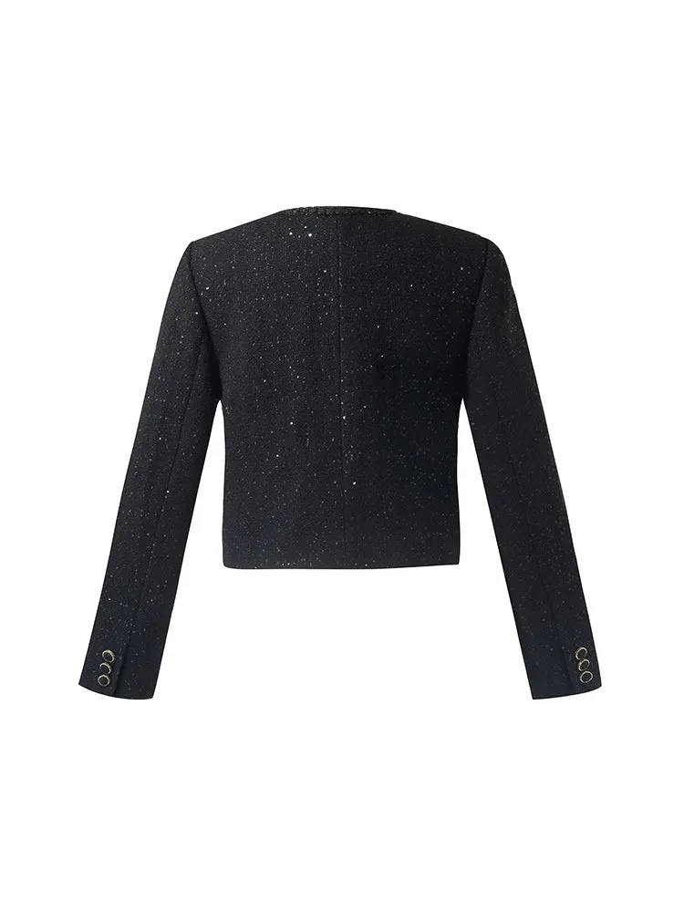 Wool Blend Tweed Sequins Women Crop Jacket